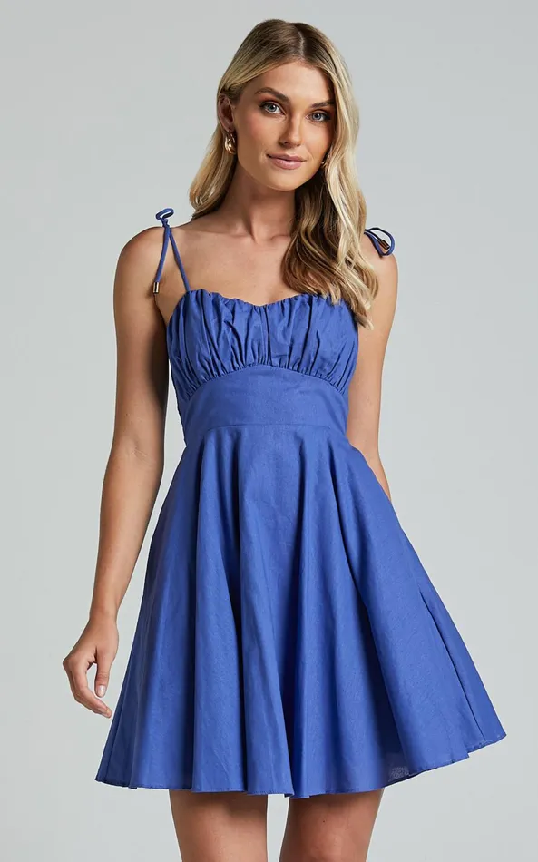 Showpo Leuven Mini Dress 8211 Linen Look Empire Waist Dress In Blue Women Dresses