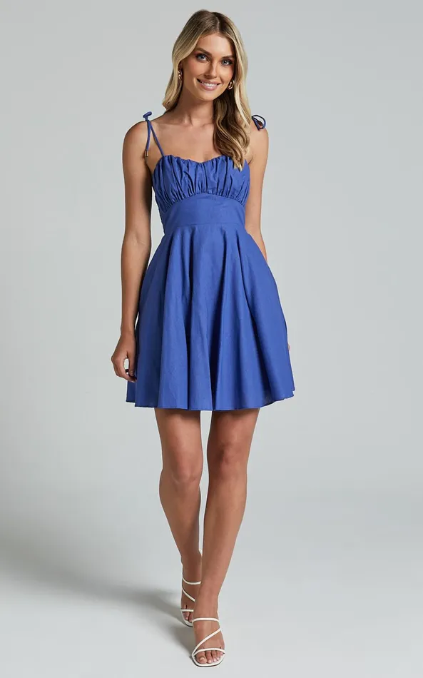 Showpo Leuven Mini Dress 8211 Linen Look Empire Waist Dress In Blue Women Dresses