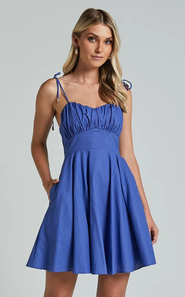Showpo Leuven Mini Dress 8211 Linen Look Empire Waist Dress In Blue Women Dresses