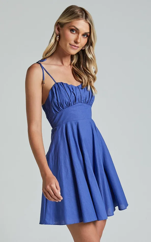 Showpo Leuven Mini Dress 8211 Linen Look Empire Waist Dress In Blue Women Dresses