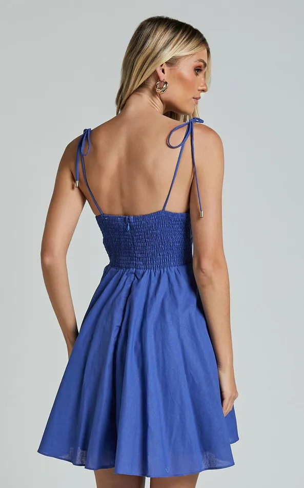 Showpo Leuven Mini Dress 8211 Linen Look Empire Waist Dress In Blue Women Dresses