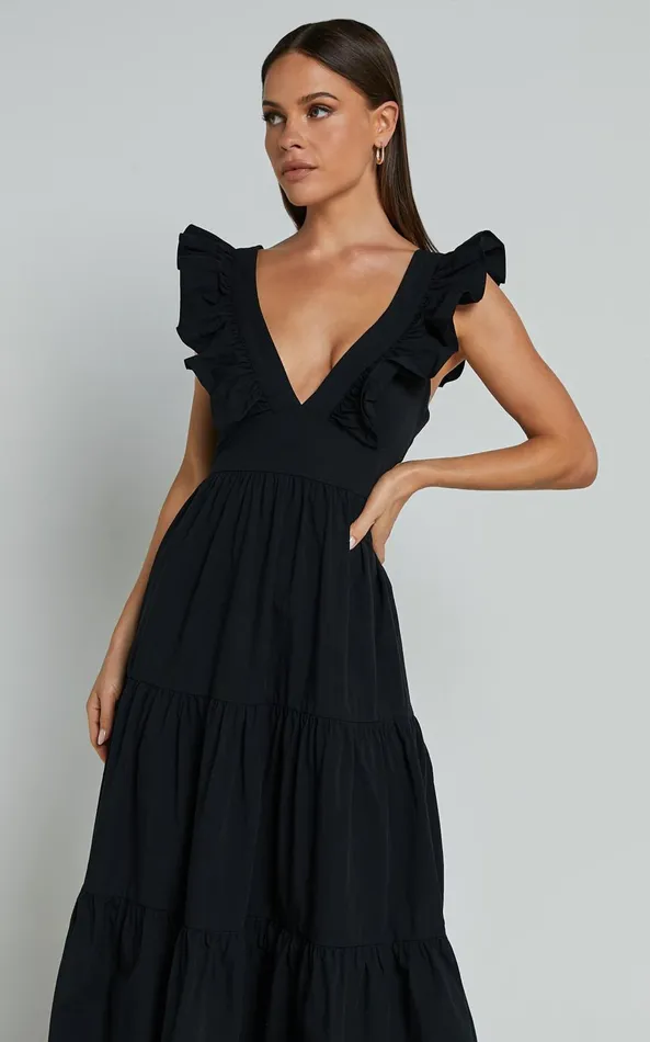 Showpo Levona Midi Dress 8211 Ruffle Shoulder Tiered Dress In Black Women Dresses