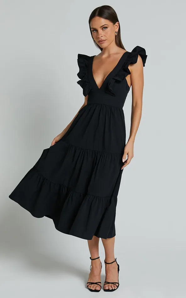 Showpo Levona Midi Dress 8211 Ruffle Shoulder Tiered Dress In Black Women Dresses