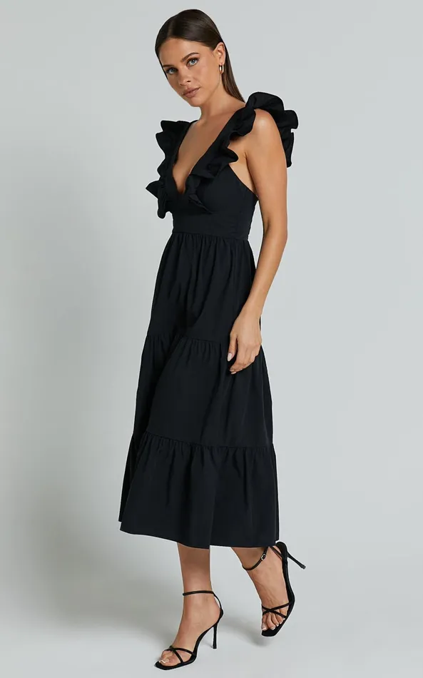 Showpo Levona Midi Dress 8211 Ruffle Shoulder Tiered Dress In Black Women Dresses