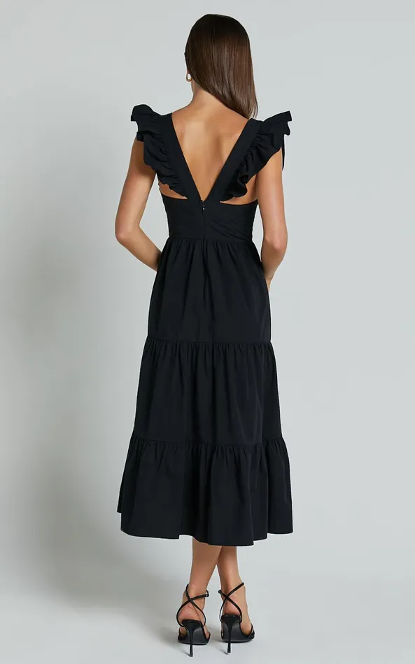 Showpo Levona Midi Dress 8211 Ruffle Shoulder Tiered Dress In Black Women Dresses
