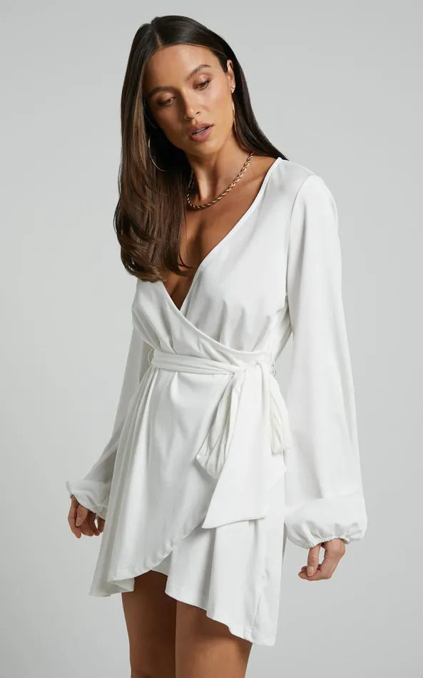 Showpo Lexina Mini Dress 8211 Long Sleeve Wrap Centre Tie Dress In Off White Women Curve Clothes