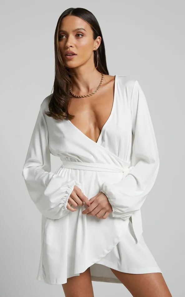 Showpo Lexina Mini Dress 8211 Long Sleeve Wrap Centre Tie Dress In Off White Women Curve Clothes