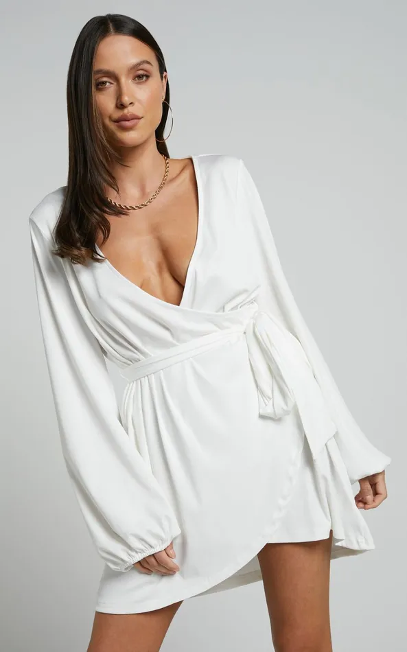 Showpo Lexina Mini Dress 8211 Long Sleeve Wrap Centre Tie Dress In Off White Women Curve Clothes
