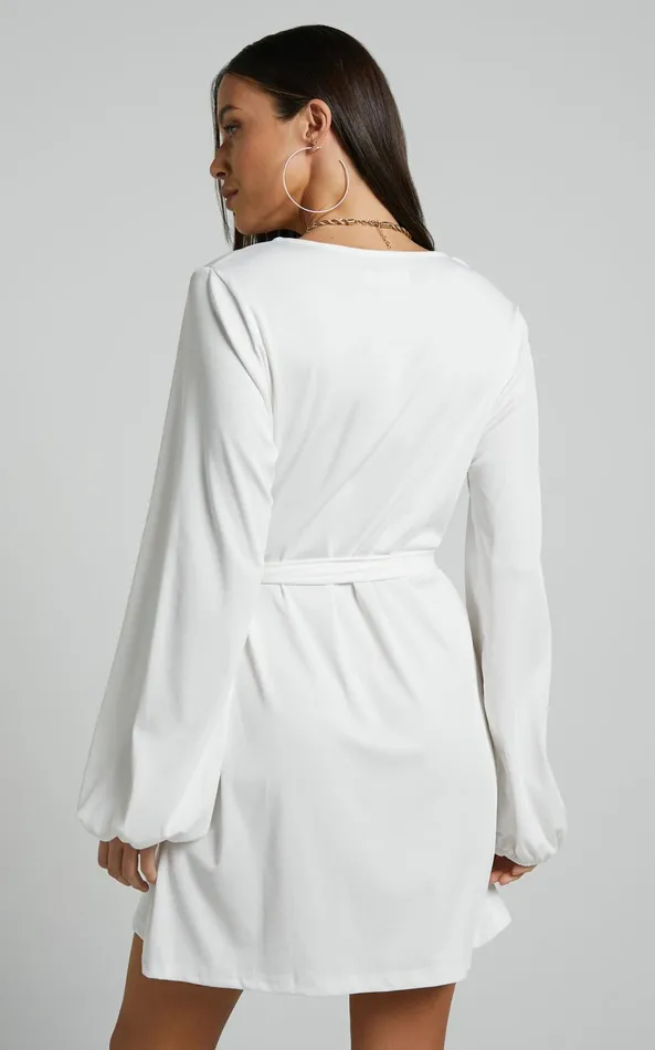 Showpo Lexina Mini Dress 8211 Long Sleeve Wrap Centre Tie Dress In Off White Women Curve Clothes