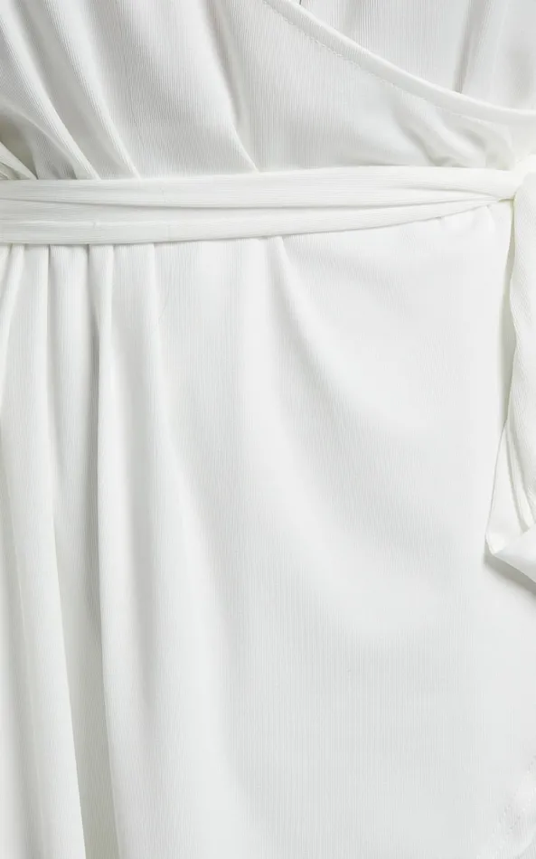 Showpo Lexina Mini Dress 8211 Long Sleeve Wrap Centre Tie Dress In Off White Women Curve Clothes