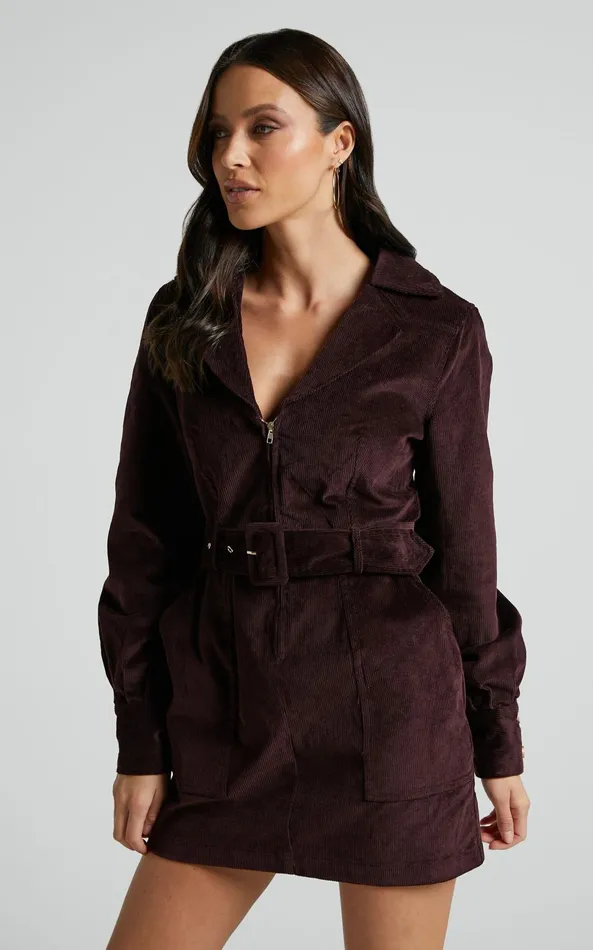 Showpo Lheya Mini Dress 8211 Long Sleeve Belted Dress In Plum Women Dresses
