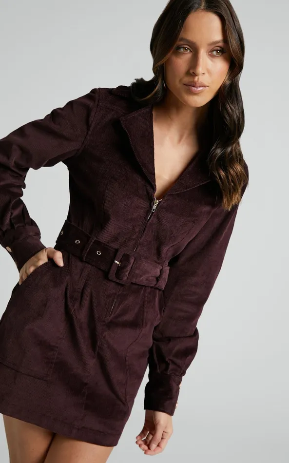Showpo Lheya Mini Dress 8211 Long Sleeve Belted Dress In Plum Women Dresses