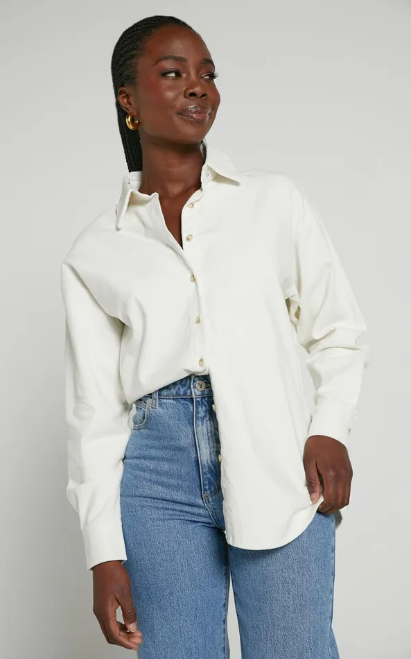 Showpo Lheya Shirt 8211 Long Sleeve Cord Shirt In Cream Women Tops