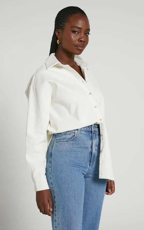 Showpo Lheya Shirt 8211 Long Sleeve Cord Shirt In Cream Women Tops
