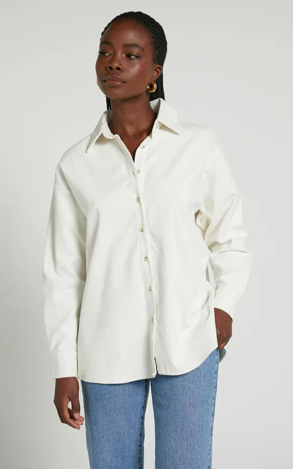 Showpo Lheya Shirt 8211 Long Sleeve Cord Shirt In Cream Women Tops