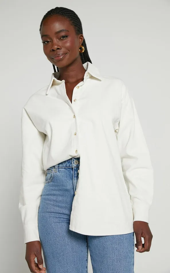 Showpo Lheya Shirt 8211 Long Sleeve Cord Shirt In Cream Women Tops