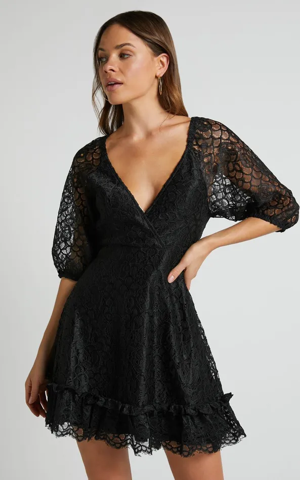Showpo Lhind Puff Sleeve Lace Mini Dress In Black Women Dresses