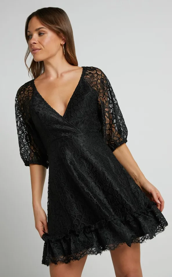 Showpo Lhind Puff Sleeve Lace Mini Dress In Black Women Dresses