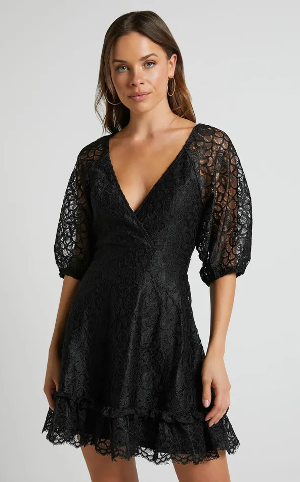 Showpo Lhind Puff Sleeve Lace Mini Dress In Black Women Dresses