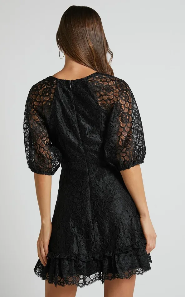 Showpo Lhind Puff Sleeve Lace Mini Dress In Black Women Dresses