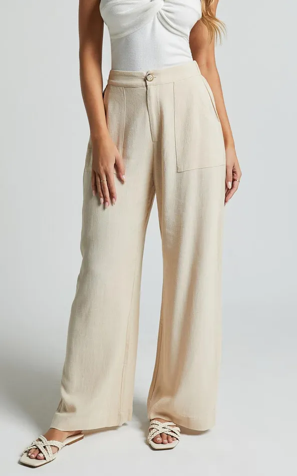 Showpo Lian Pants 8211 Linen Look High Waisted Pocket Detail Pants In Cream Women Pants