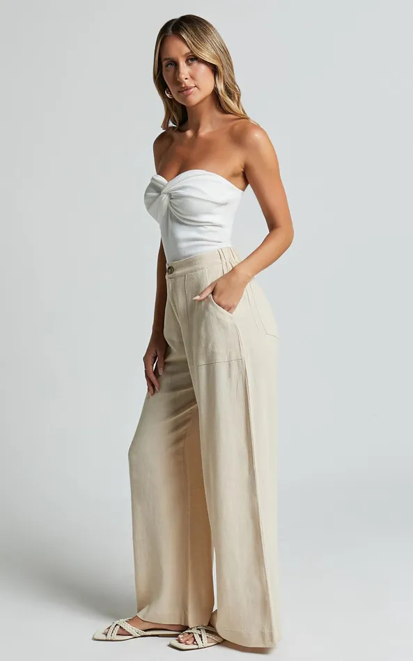 Showpo Lian Pants 8211 Linen Look High Waisted Pocket Detail Pants In Cream Women Pants