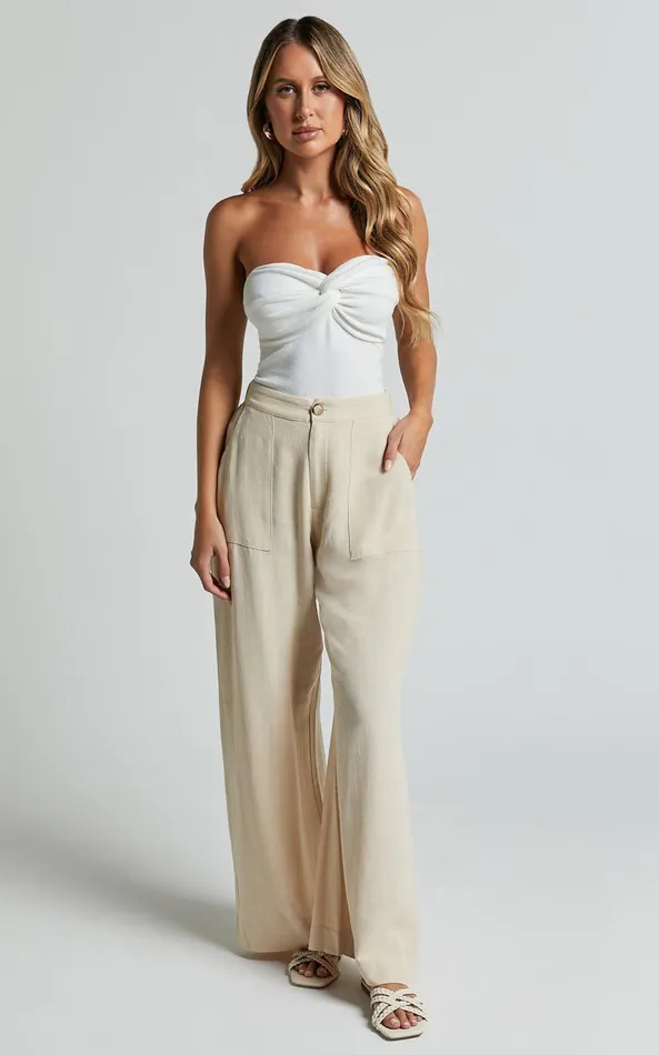 Showpo Lian Pants 8211 Linen Look High Waisted Pocket Detail Pants In Cream Women Pants