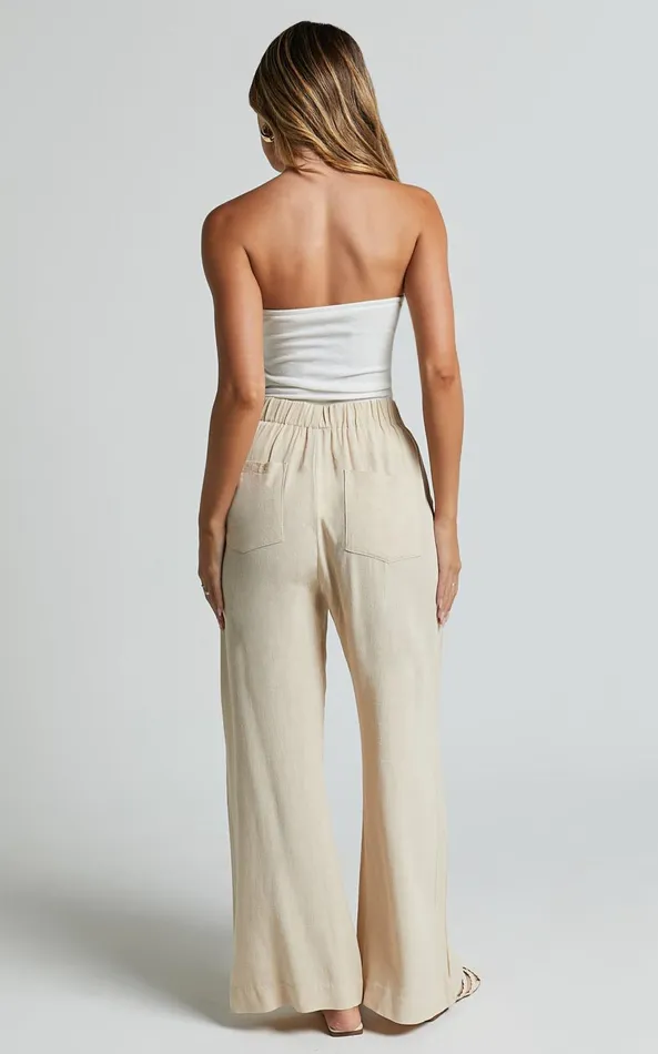 Showpo Lian Pants 8211 Linen Look High Waisted Pocket Detail Pants In Cream Women Pants