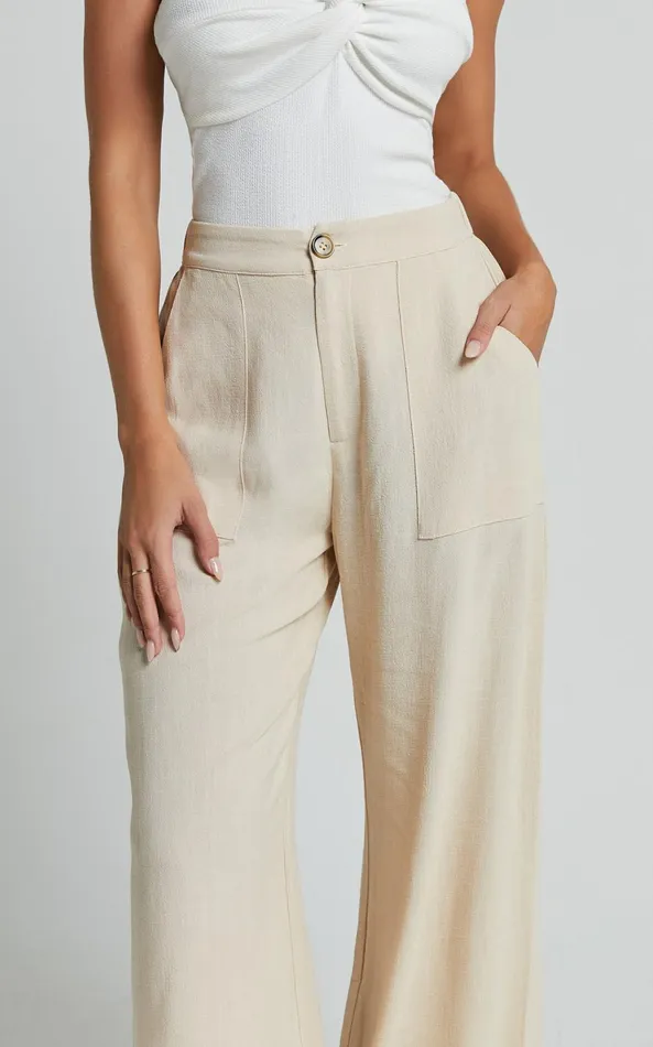 Showpo Lian Pants 8211 Linen Look High Waisted Pocket Detail Pants In Cream Women Pants