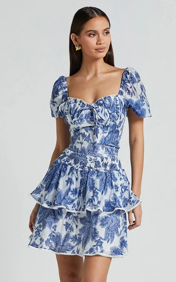 Showpo Liana Mini Skirt 8211 High Elastic Waist Tiered Skirt In White And Blue Floral Women Skirts Showpo Liana Mini Skirt 8211 High Elastic Waist Tiered Skirt In White And Blue Floral Women Skirts
