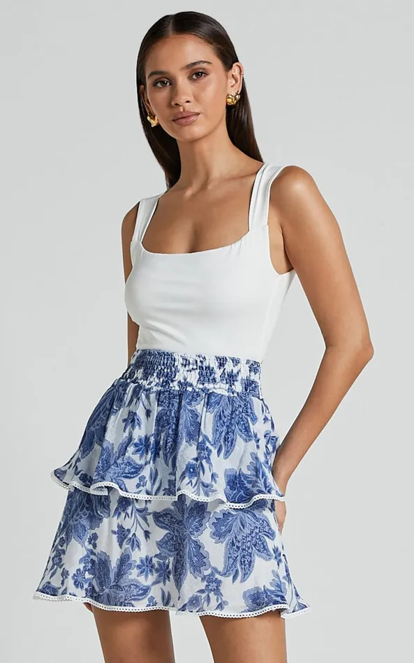 Showpo Liana Mini Skirt 8211 High Elastic Waist Tiered Skirt In White And Blue Floral Women Skirts