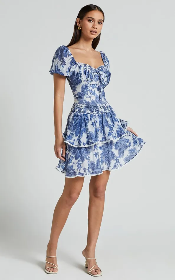 Showpo Liana Mini Skirt 8211 High Elastic Waist Tiered Skirt In White And Blue Floral Women Skirts