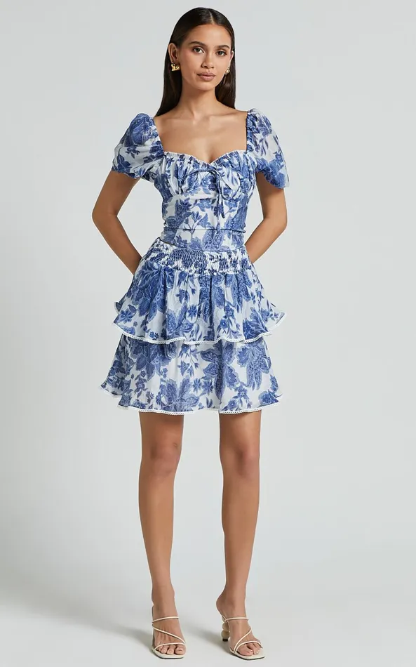 Showpo Liana Mini Skirt 8211 High Elastic Waist Tiered Skirt In White And Blue Floral Women Skirts