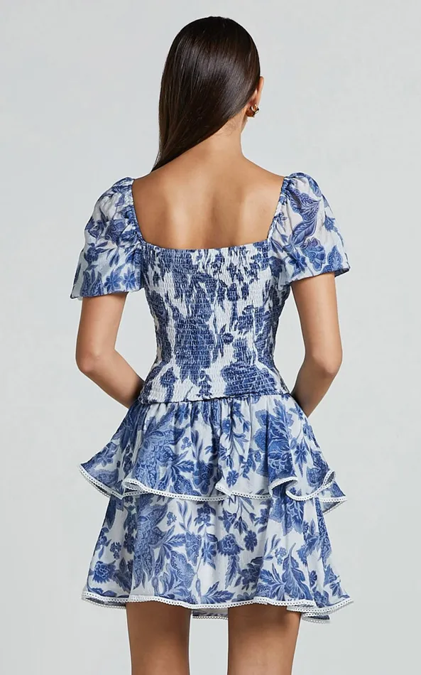 Showpo Liana Mini Skirt 8211 High Elastic Waist Tiered Skirt In White And Blue Floral Women Skirts