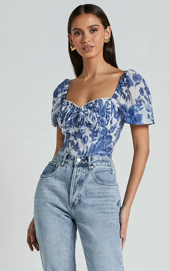 Showpo Liana Top 8211 Short Sleeve Bustier Top In White And Blue Floral Women Tops