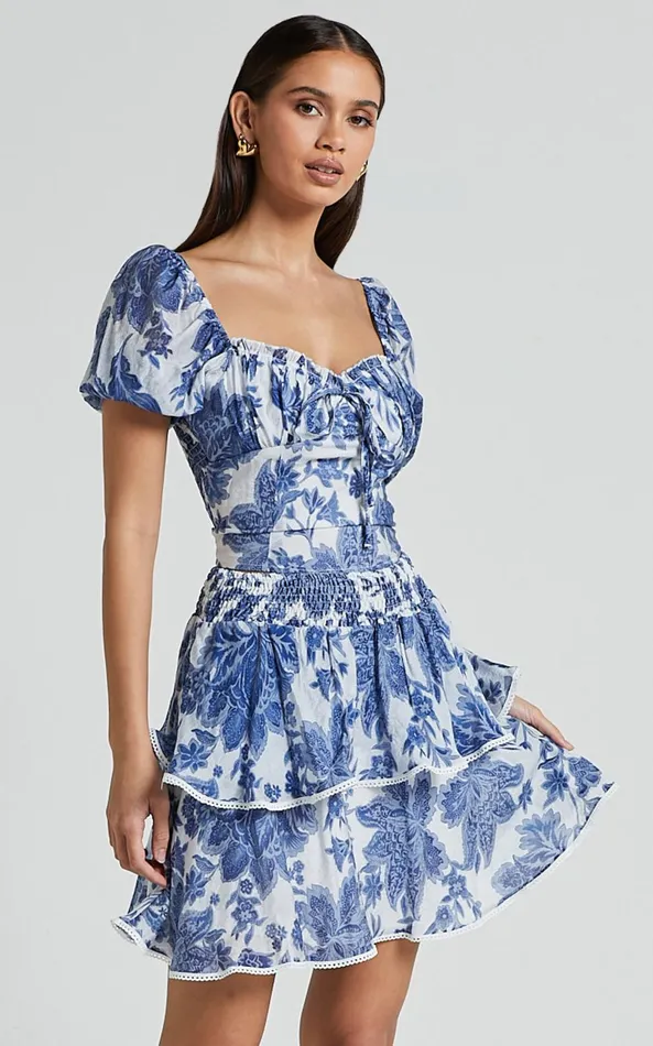 Showpo Liana Top 8211 Short Sleeve Bustier Top In White And Blue Floral Women Tops