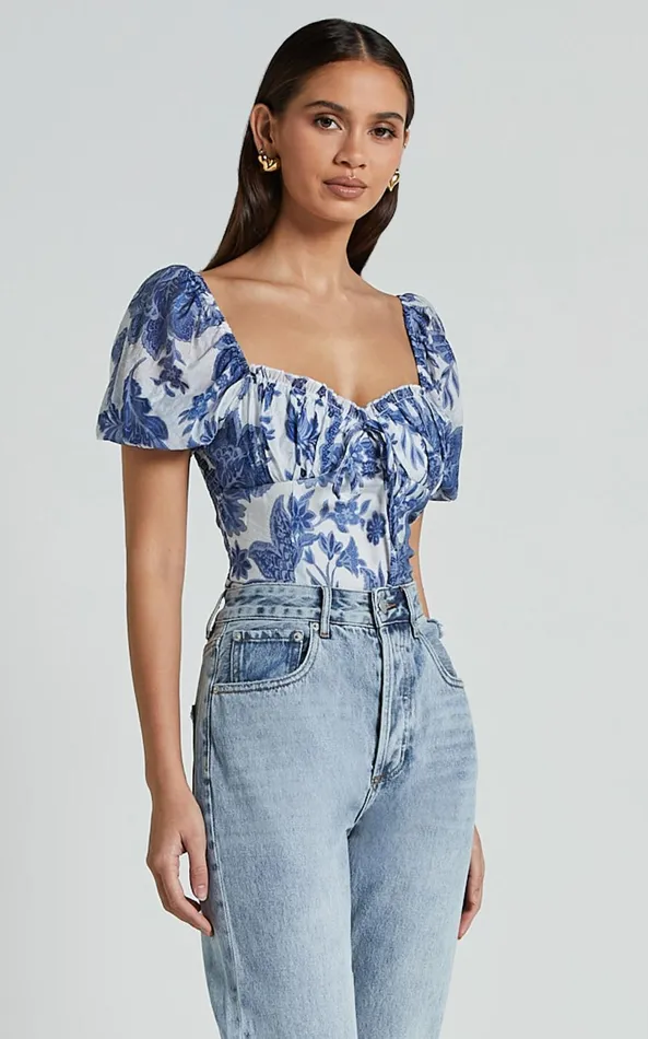 Showpo Liana Top 8211 Short Sleeve Bustier Top In White And Blue Floral Women Tops