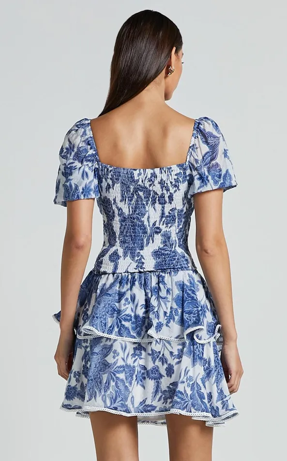 Showpo Liana Top 8211 Short Sleeve Bustier Top In White And Blue Floral Women Tops