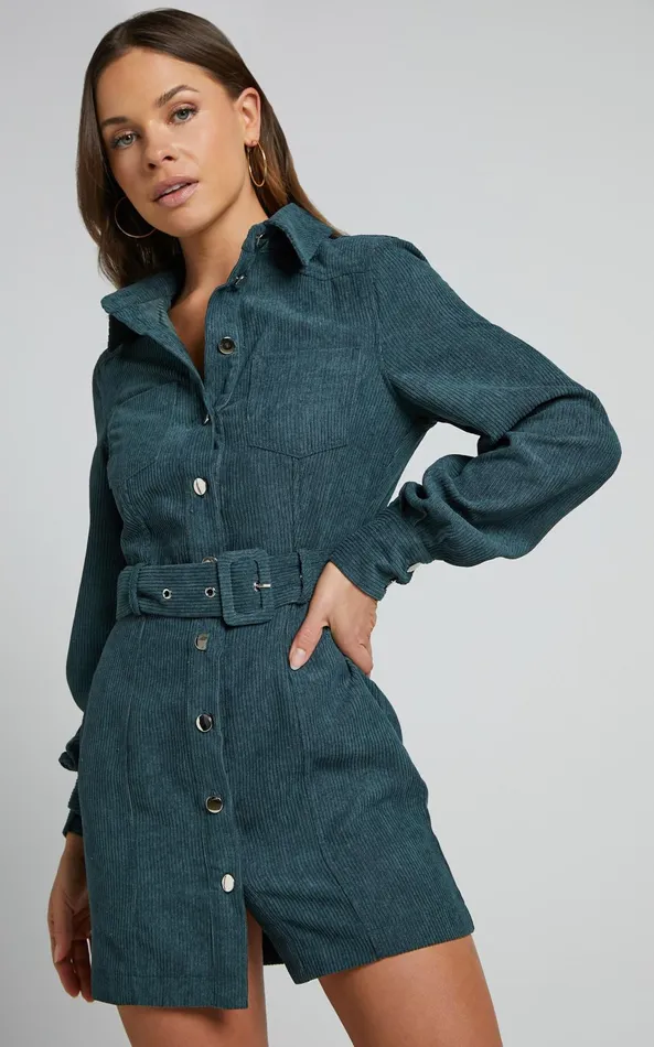 Showpo Lida Mini Dress 8211 Long Sleeve Belted Corduroy Dress In Forest Green Women Curve Clothes Showpo Lida Mini Dress 8211 Long Sleeve Belted Corduroy Dress In Forest Green Women Curve Clothes