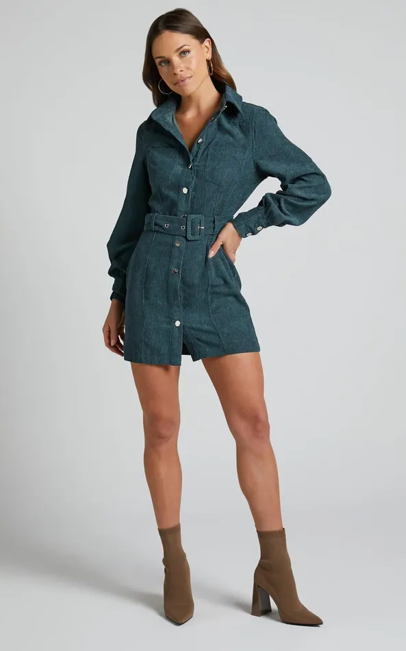 Showpo Lida Mini Dress 8211 Long Sleeve Belted Corduroy Dress In Forest Green Women Curve Clothes Showpo Lida Mini Dress 8211 Long Sleeve Belted Corduroy Dress In Forest Green Women Curve Clothes