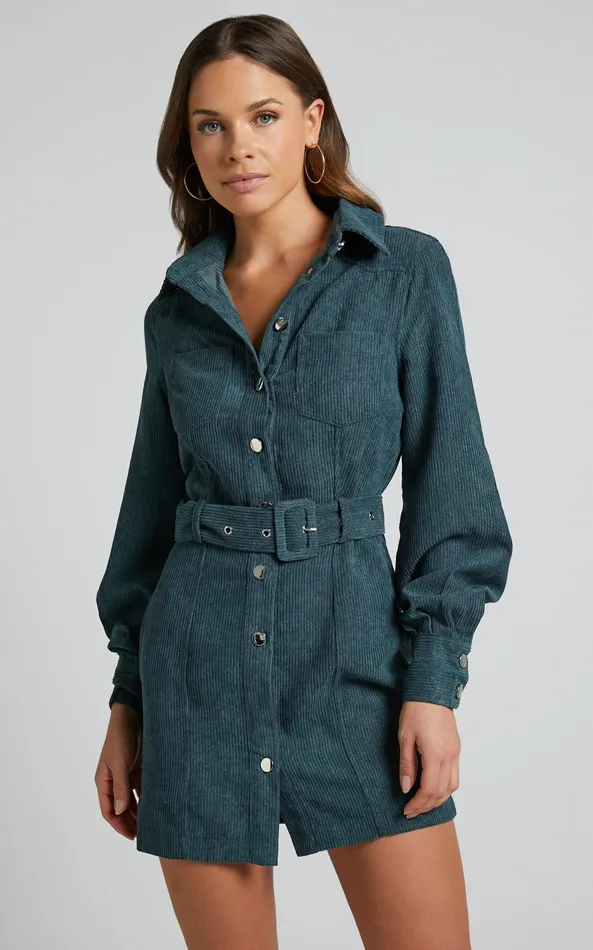 Showpo Lida Mini Dress 8211 Long Sleeve Belted Corduroy Dress In Forest Green Women Curve Clothes Showpo Lida Mini Dress 8211 Long Sleeve Belted Corduroy Dress In Forest Green Women Curve Clothes