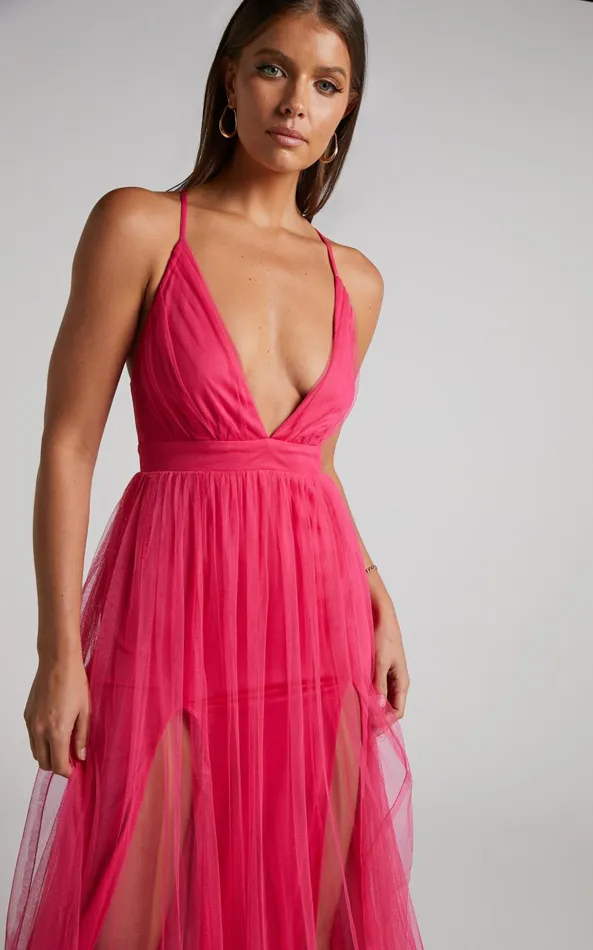 Showpo Like A Vision Midi Dress 8211 Plunge Thigh Split Dress In Hot Pink Women Dresses