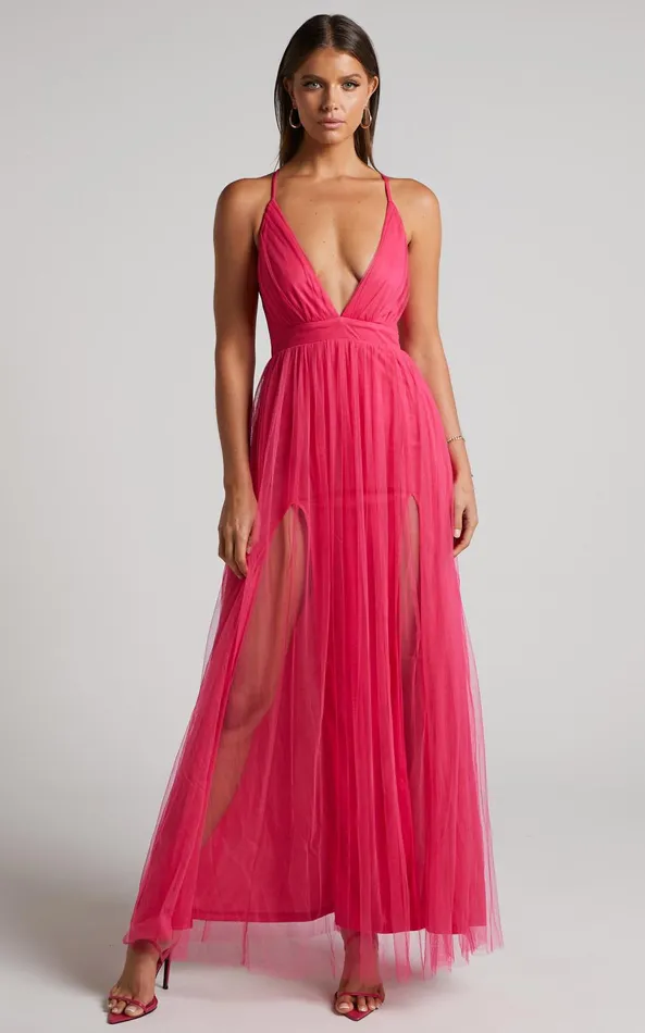 Showpo Like A Vision Midi Dress 8211 Plunge Thigh Split Dress In Hot Pink Women Dresses