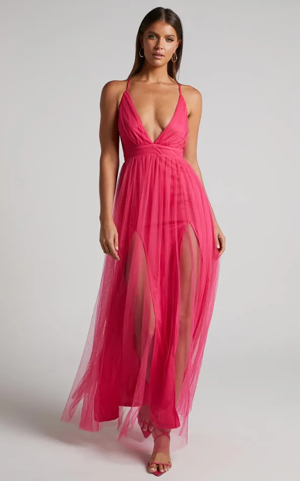Showpo Like A Vision Midi Dress 8211 Plunge Thigh Split Dress In Hot Pink Women Dresses