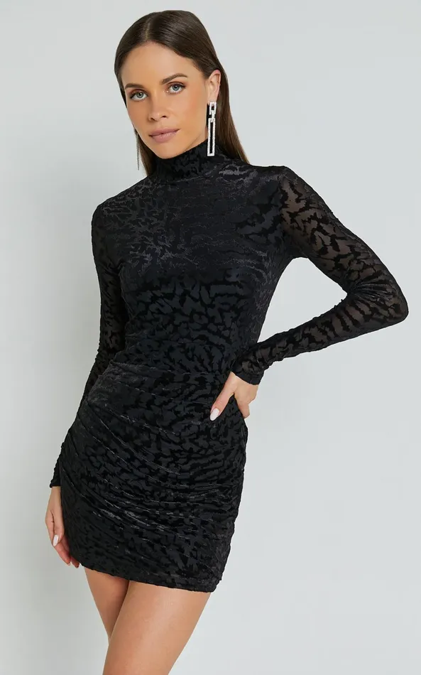 Showpo Lili Mini Dress 8211 Burnout Ruched Wrap Mini Dress In Black Women Dresses