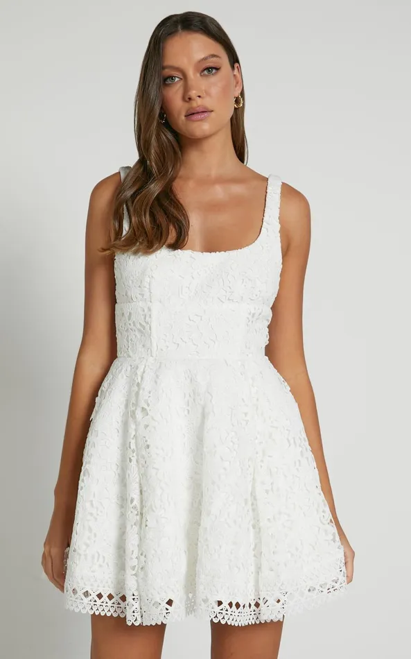 Showpo Lilia Mini Dress 8211 Corset Scoop Neck Fit And Flare Dress In White Women Dresses