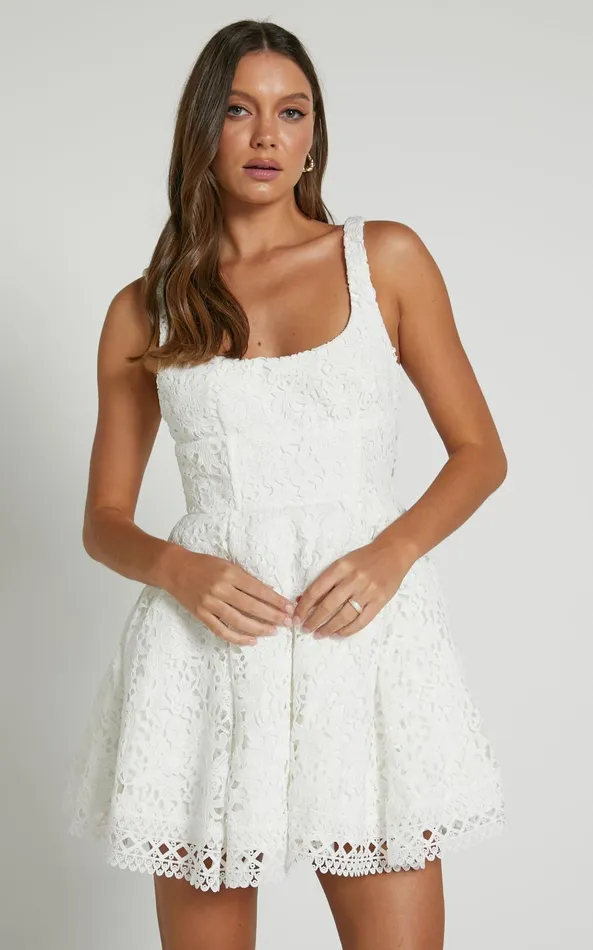 Showpo Lilia Mini Dress 8211 Corset Scoop Neck Fit And Flare Dress In White Women Dresses
