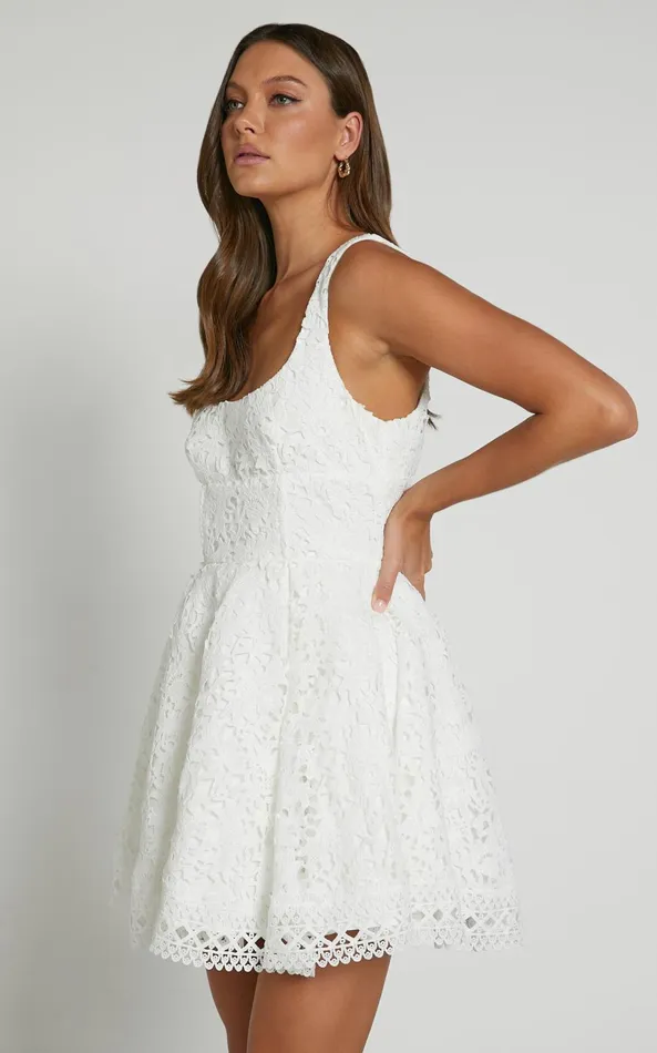 Showpo Lilia Mini Dress 8211 Corset Scoop Neck Fit And Flare Dress In White Women Dresses