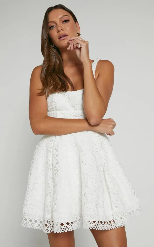 Showpo Lilia Mini Dress 8211 Corset Scoop Neck Fit And Flare Dress In White Women Dresses