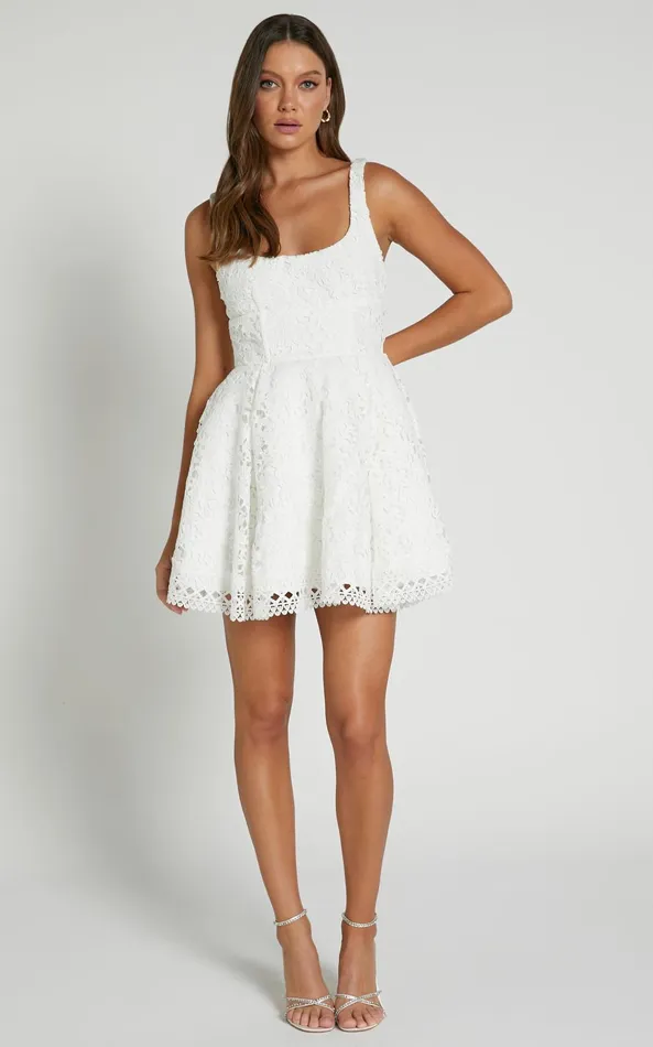 Showpo Lilia Mini Dress 8211 Corset Scoop Neck Fit And Flare Dress In White Women Dresses